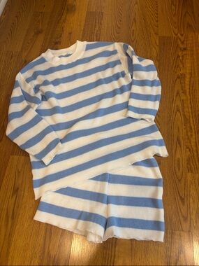 Blue and White Striped light weight sweater short Set
